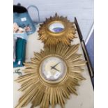 BATTERY OPERATED GILT WOOD 'SUNBURST' WALL CLOCK, 24" X 16", (battery holder rusted), and a