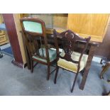 AN EDWARDIAN INLAID MAHOGANY OPEN ARMCHAIR AND A DRAWING ROOM CHAIR