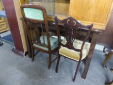 AN EDWARDIAN INLAID MAHOGANY OPEN ARMCHAIR AND A DRAWING ROOM CHAIR