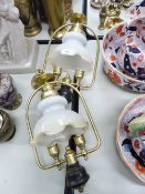 A PAIR OF CEILING LIGHTS WITH CLOUDY WHITE GLASS SHADES AND GILT FRAMES WITH TWO UPLIGHERS (2)