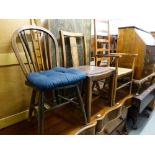 A HARDWOOD LADDER BACK NURSING CHAIR, WITH RUSH SEAT AND TWO DINING CHAIRS (3)