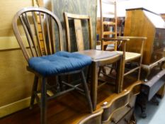 A HARDWOOD LADDER BACK NURSING CHAIR, WITH RUSH SEAT AND TWO DINING CHAIRS (3)