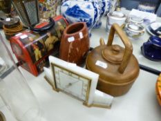 ART DECO STYLE ONYX MANTLE CLOCK WITH GILT NUMERALS, A LARGE WOODEN FLAT BOTTOMED KETTLE WITH CARVED