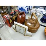 ART DECO STYLE ONYX MANTLE CLOCK WITH GILT NUMERALS, A LARGE WOODEN FLAT BOTTOMED KETTLE WITH CARVED