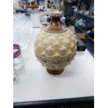 METTLACH MOULDED POTTERY VASE, now converted to a table lamp, of ovoid, footed form with short