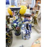 MODERN BALUSTER VASE WITH LONG FLARED NECK, A DECORATIVE GLASS JAR AND COVER WITH PAINTED FLORAL