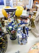 MODERN BALUSTER VASE WITH LONG FLARED NECK, A DECORATIVE GLASS JAR AND COVER WITH PAINTED FLORAL