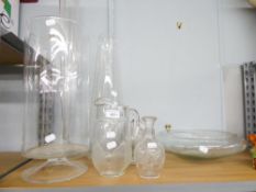 GLASSWARES TO INCLUDE; A LARGE POLISH PEDESTAL FLOWER VASE, TWO TALL FLOWER VASES, JUGS ETC......