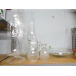 GLASSWARES TO INCLUDE; A LARGE POLISH PEDESTAL FLOWER VASE, TWO TALL FLOWER VASES, JUGS ETC......