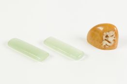 A PAIR OF CHINESE MUTTON FAT/PALE GREEN JADE PLAIN SEALS, 2 3/4" LONG, ALSO A BROWN HARDSTONE DEMI-