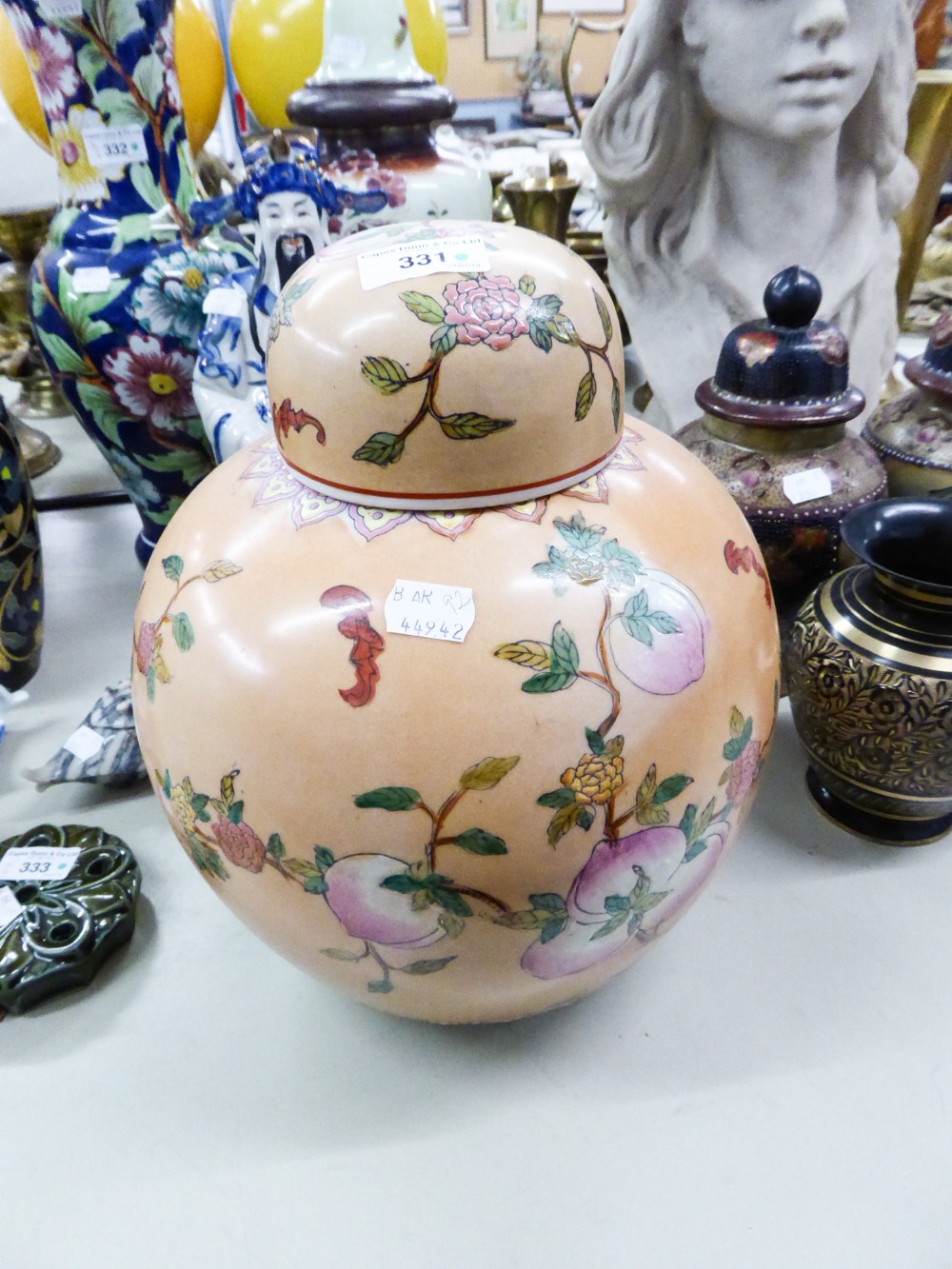 LARGE MODERN CHINESE GINGER JAR AND COVER, BLUSH GROUND PAINTED WITH FRUIT AND FLORAL DECORATION, 11