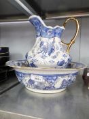 BLUE AND WHITE POTTERY TOILET JUG AND BOWL