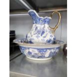 BLUE AND WHITE POTTERY TOILET JUG AND BOWL