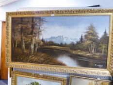 R. HONTERY? (TWENTIETH/ TWENTY FIRST CENTURY) OIL PAINTING ON CANVAS Upland lake scene with snow-