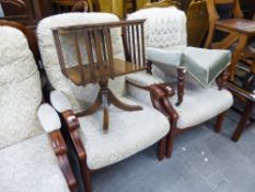 A PAIR OF ERCOL STYLE ELM WINGED FIRESIDE ARMCHAIRS, UPHOLSTERED AND COVERED IN LEAF SCROLL EMBOSSED