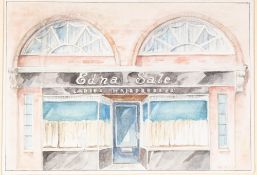MIKE ROSS (TWENTIETH CENTURY) TWO WORKS WATERCOLOUR DRAWING 'Edna Sale, Ladies Hairdresser' Signed