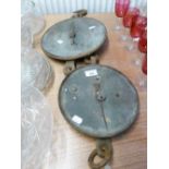 TWO SALTERS SPRING BALANCE, BRASS HANGING EXAMPLES FOR SACKS (2)