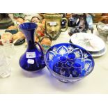 GROUP OF BLUE GLASS AND CUT GLASS ITEMS TO INCLUDE A BLUE GLASS DECANTER AND SIX SMALL GLASSES