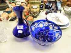 GROUP OF BLUE GLASS AND CUT GLASS ITEMS TO INCLUDE A BLUE GLASS DECANTER AND SIX SMALL GLASSES