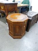 INDIAN CARVED TEAKWOOD OCTAGONAL CHEST WITH HINGED LID, ONE SMALL DRAWER BELOW, 1'8" WIDE