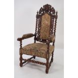 NINETEENTH CENTURY FRENCH CARVED WALNUT AND BEECH LARGE OPEN ARMCHAIR OR THRONE CHAIR, the high back