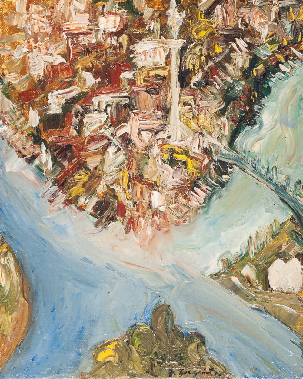 ZARE DJORDJEVIC? (b.1928) OIL PAINTING ON CANVAS Panoramic view of a city and river Signed and dated