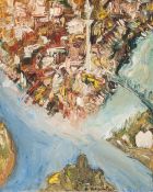 ZARE DJORDJEVIC? (b.1928) OIL PAINTING ON CANVAS Panoramic view of a city and river Signed and dated