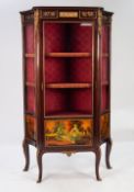 REPRODUCTION FRENCH GILT METAL MOUNTED MAHOGANY AND MARBLE TOPPED VITRINE, the shaped marble top