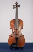 NINETEENTH CENTURY UNBRANDED VIOLIN, with 14" two part back and two bows, in an ebonised wooden case