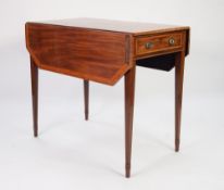 GEORGE III SATINWOOD BANDED AND TULIPWOOD CROSSBANDED MAHOGANY PEMBROKE TABLE, the canted oblong,