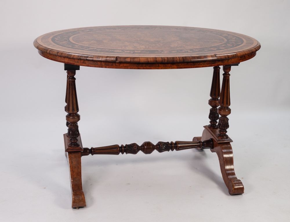 GOOD MID VICTORIAN INLAID AND TULIPWOOD CROSSBANDED FIGURED WALNUT CENTRE TABLE, the moulded oval