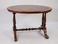 GOOD MID VICTORIAN INLAID AND TULIPWOOD CROSSBANDED FIGURED WALNUT CENTRE TABLE, the moulded oval