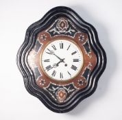 NINETEENTH CENTURY CONTINENTAL INLAID WALNUT AND EBONISED WALL CLOCK, the 9 ¼" Roman dial powered by