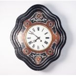 NINETEENTH CENTURY CONTINENTAL INLAID WALNUT AND EBONISED WALL CLOCK, the 9 ¼" Roman dial powered by