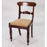 SET OF FOUR VICTORIAN CARVED MAHOGANY SINGLE DINING CHAIRS, each with shaped top rail above a scroll