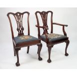 SET OF EIGHT EARLY TWENTIETH CENTURY CARVED MAHOGANY DINING CHAIRS (6+2) IN THE CHIPPENDALE STYLE,