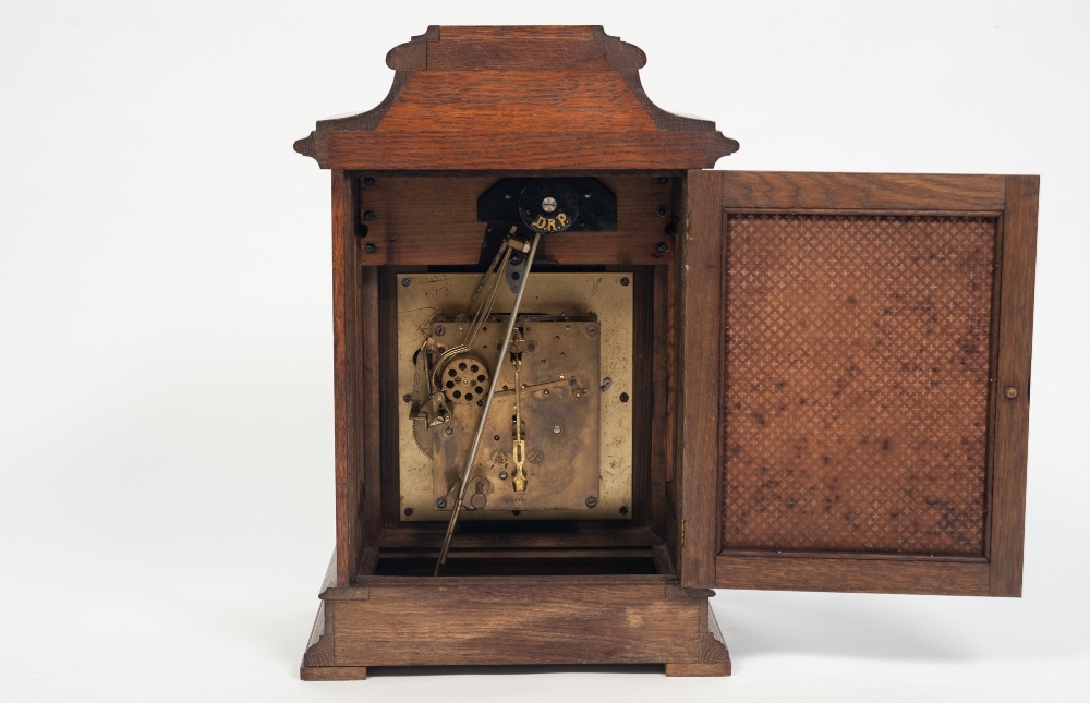 A CIRCA 1900 OAK CASED MANTEL CLOCK, the Gustav Becker three train chiming movement with a - Image 4 of 5