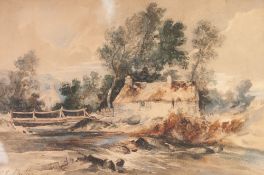 WILLIAM JAMES MULLER (1812-1845) WATERCOLOUR DRAWING Riverscene with cottage on the far bank