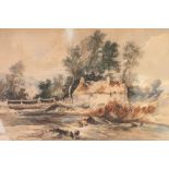 WILLIAM JAMES MULLER (1812-1845) WATERCOLOUR DRAWING Riverscene with cottage on the far bank