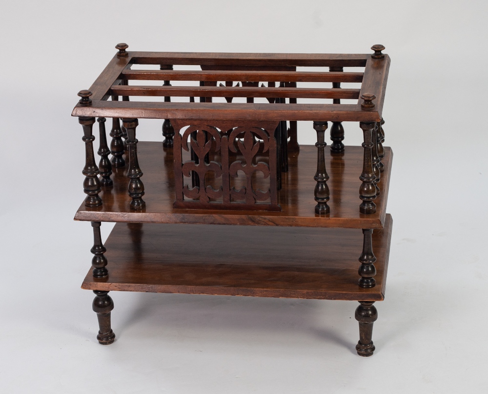LATE VICTORIAN CARVED WALNUT MUSIC CANTERBURY, the galleried top with three long division, pierced