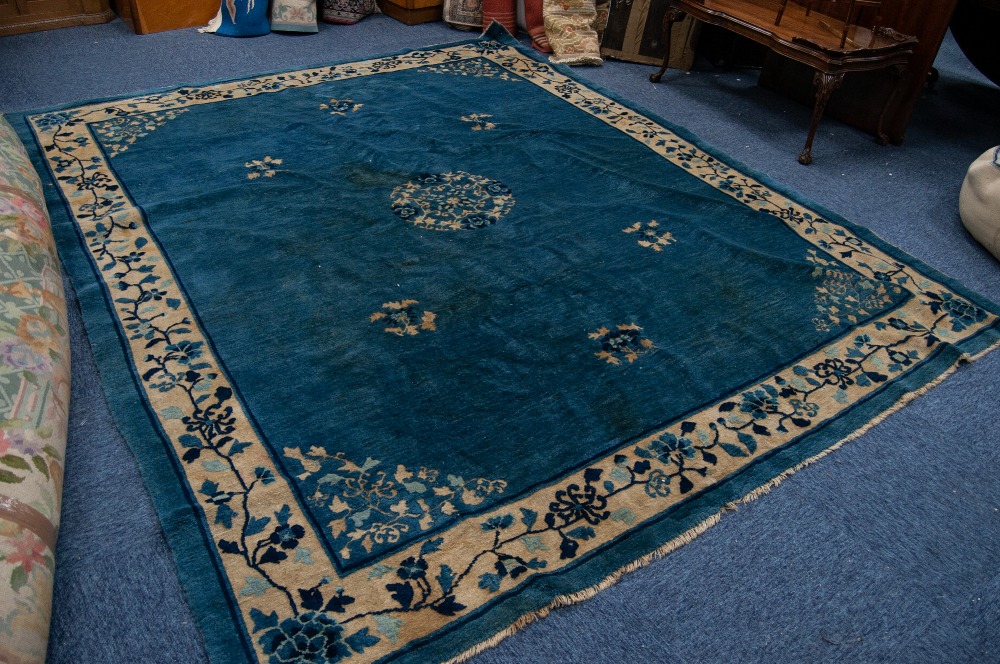 PROBABLY LATE NINETEENTH CENTURY CHINESE CARPET, with circular centre medallion and six scattered - Image 3 of 4