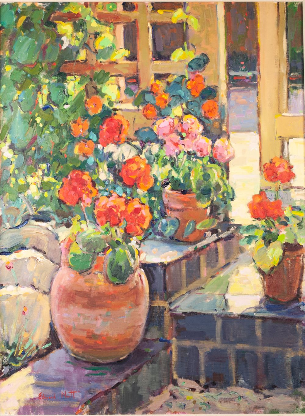 EDWARD NOOTT (b.1965) OIL PAINTING ON CANVAS 'Hot Geraniums' Signed lower left titled on canvas