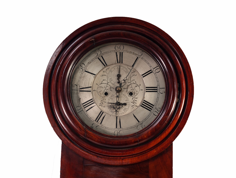 INTERESTING EARLY NINETEENTH CENTURY FIGURED MAHOGANY LONGCASED WALL CLOCK, the 12" silvered dial - Image 2 of 2