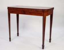 NINETEENTH CENTURY LINE INLAID MAHOGANY TEA TABLE, the D shaped fold over top set above a conforming