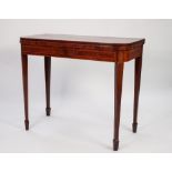 NINETEENTH CENTURY LINE INLAID MAHOGANY TEA TABLE, the D shaped fold over top set above a conforming