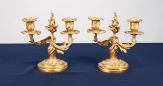 A PAIR OF NINETEENTH CENTURY FRENCH BRONZE DORE TWIN BRANCH CANDELABRA of Louis XV rococo design,