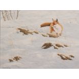 JERRY S. WAIDE (b.1948) OIL PAINTING ON BOARD 'Fox in snow' Signed 11 1/2" x 15 1/2" (29cm x 39.5cm)