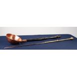 ANTIQUE COPPER LARGE LADLE, with deep circular bowl, 7 1/2" diameter, long turned wood handle; AN