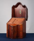 GEORGE III LINE INLAID FIGURED MAHOGANY SERPENTINE FRONTED KNIFE BOX, of typical form, the