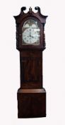 NINETEENTH CENTURY FIGURED MAHOGANY LONGCASE CLOCK WITH ROLLING MOON PHASE, the 14" painted dial